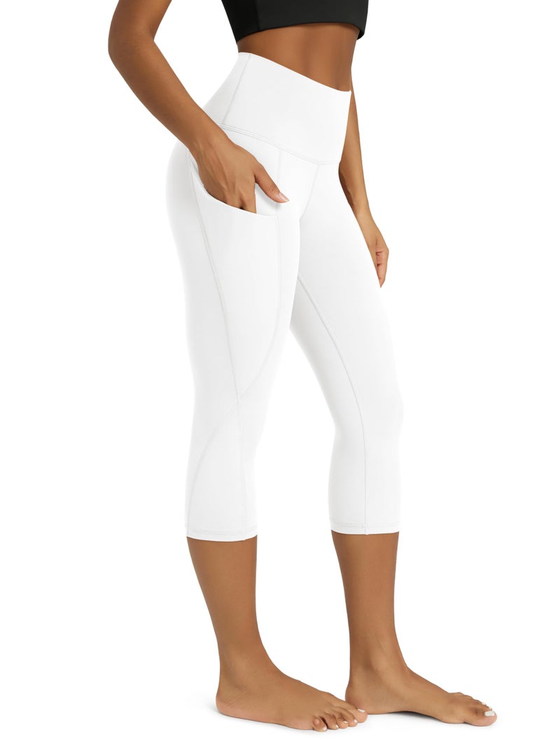 ODODOS Women's High Waisted Yoga Capris with Pockets,Tummy Control Non See Through Workout Sports Running Capri Leggings, White,Medium - Image 1